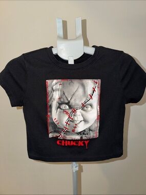 Embroidered Black Chucky Graphic Crop Top